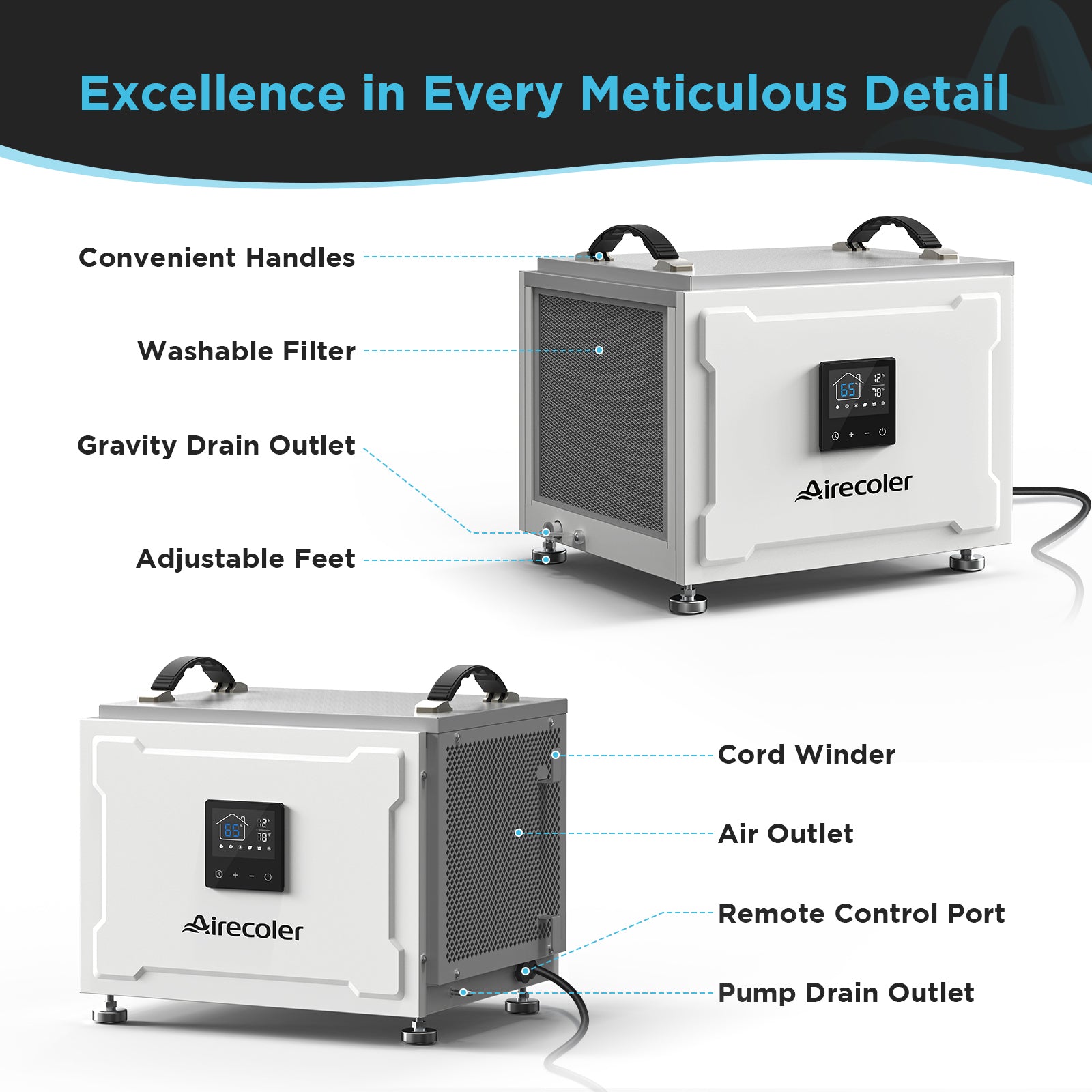70 Pint Commercial Dehumidifier with Pump and Drain Hose for Crawlspaces & Basements | Airecoler Stellar SP10