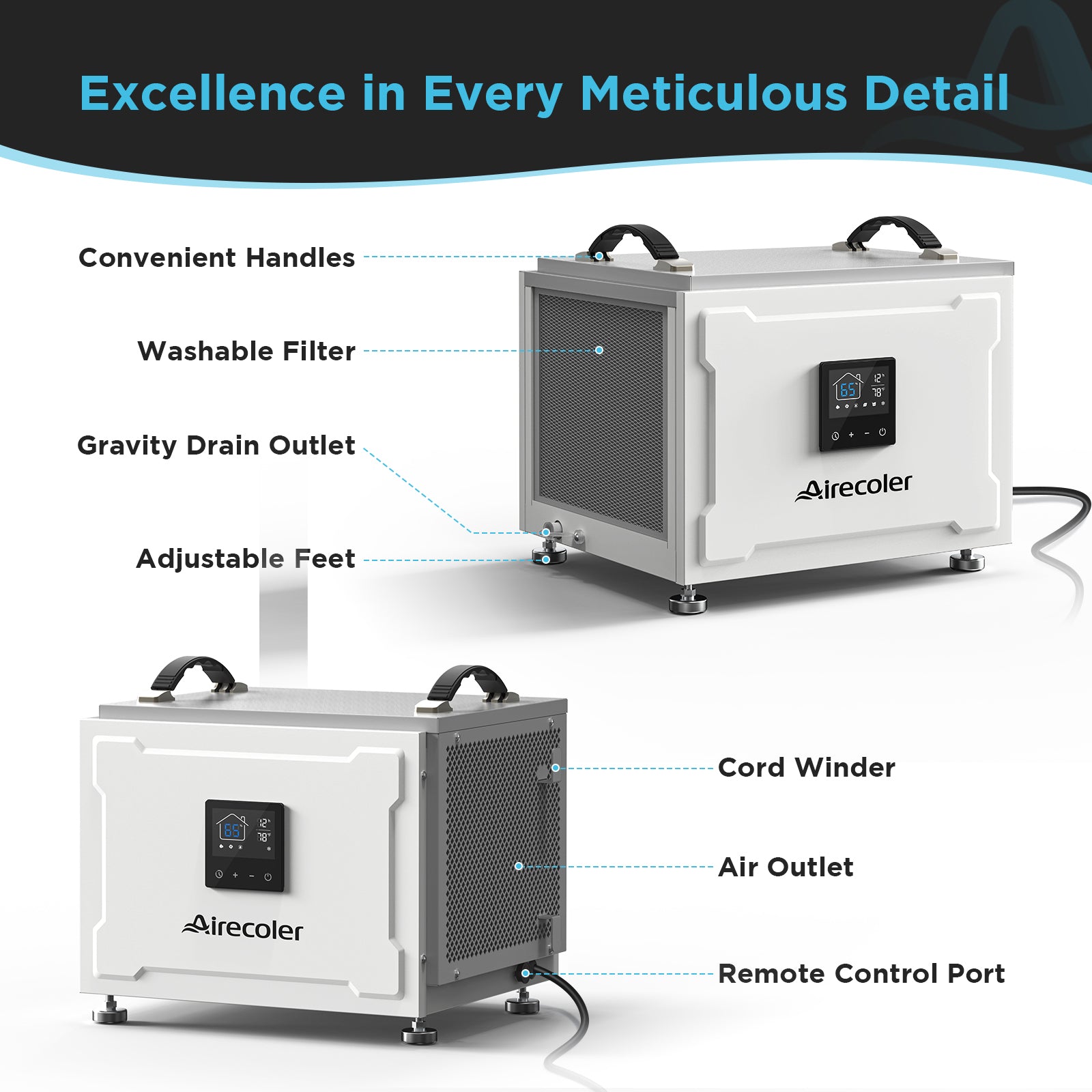 70 Pint Commercial Dehumidifier for Crawlspaces & Basements with Drain Hose | Airecoler Stellar S10