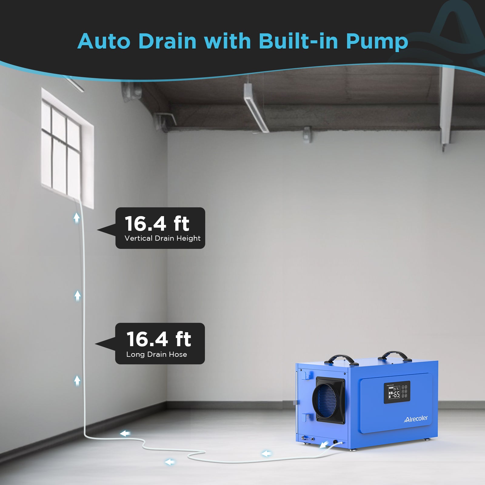 170 Pint Commercial Dehumidifier with Pump and Drain Hose for Crawlspaces & Basements | Airecoler GT-XP9