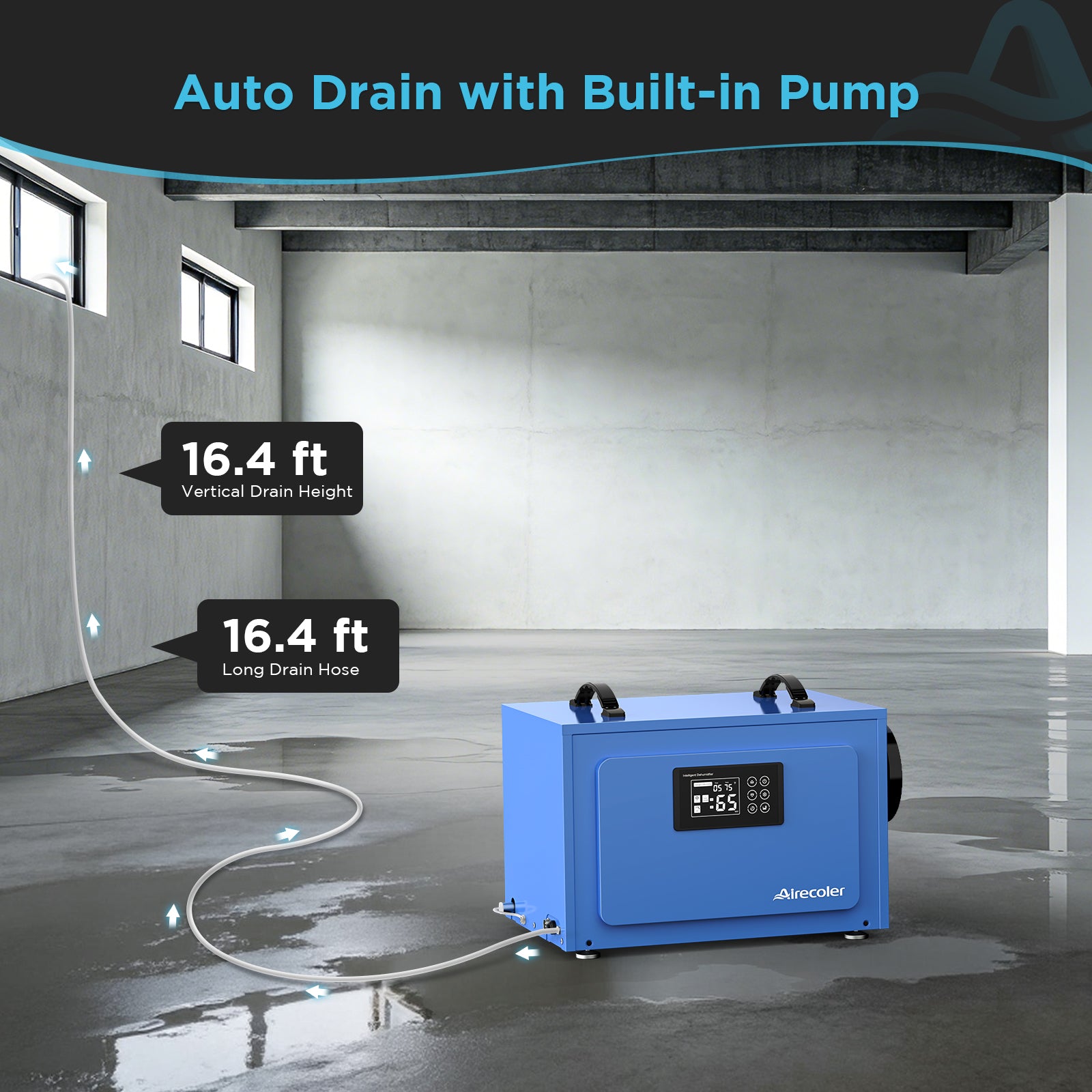 125 Pint Commercial Dehumidifier with Pump and Drain Hose for Crawlspaces & Basements | Airecoler GT-XP5