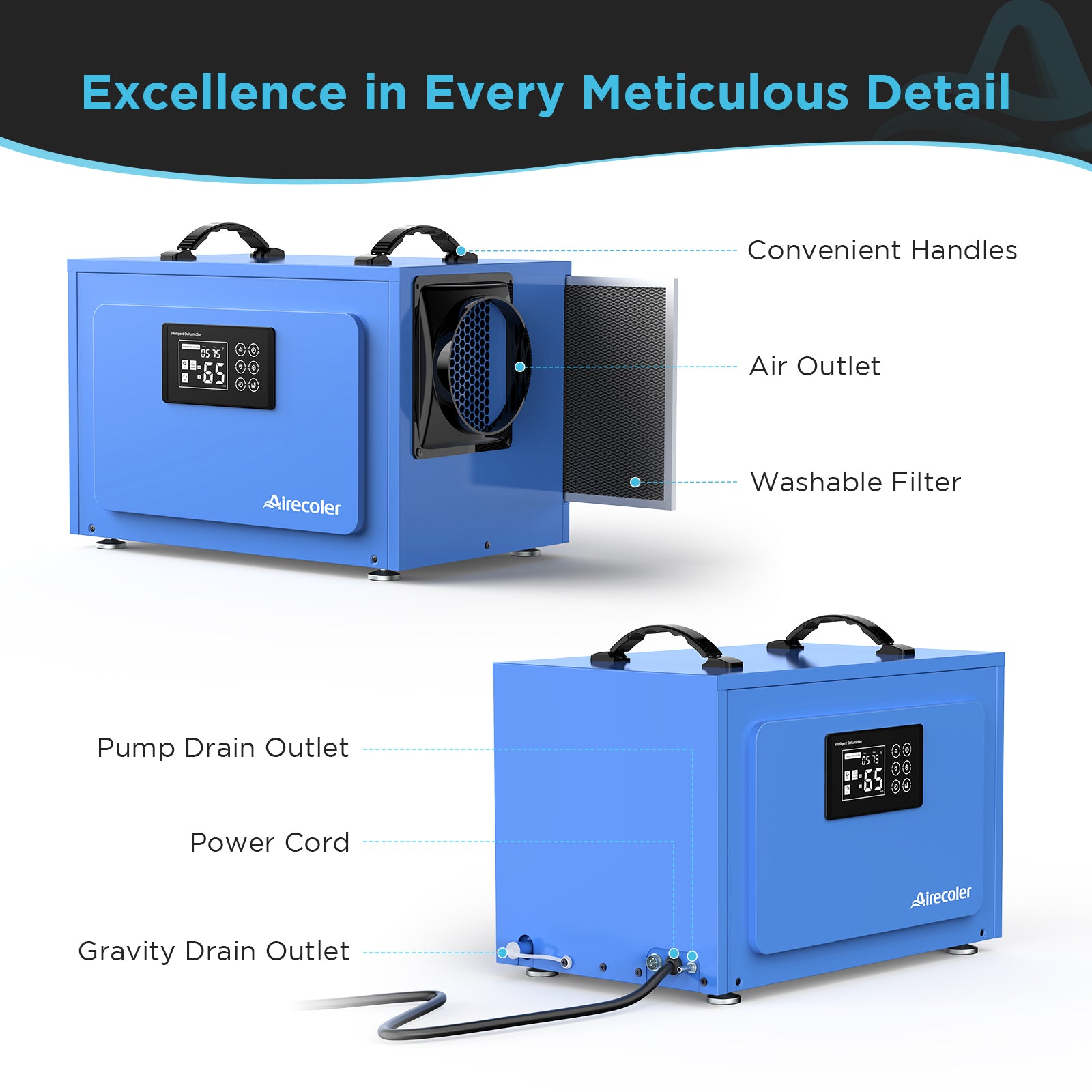 125 Pint Commercial Dehumidifier with Pump and Drain Hose for Crawlspaces & Basements | Airecoler GT-XP5